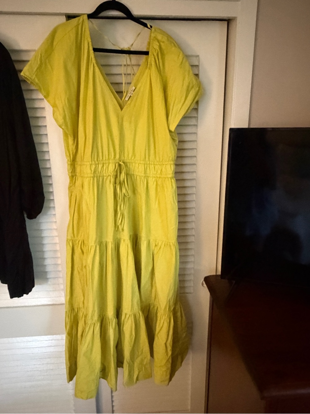 V-Neck Tiered Maxi Dress with Waist Tie - Lemon